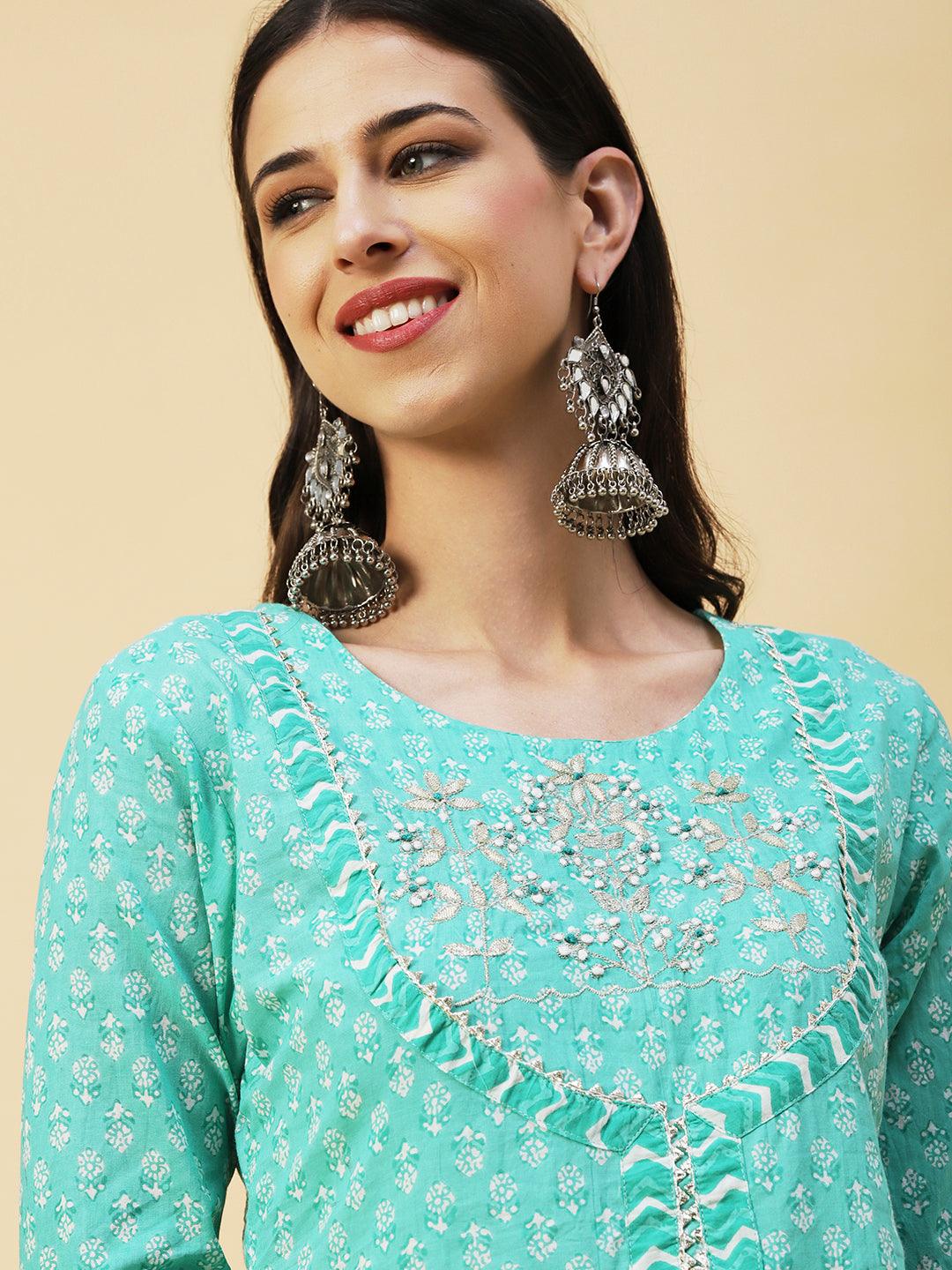 Floral Block Printed Resham & Zari Embroidered Kurta With Pants & Shibori Dupatta - Sea Green - Indiakreations