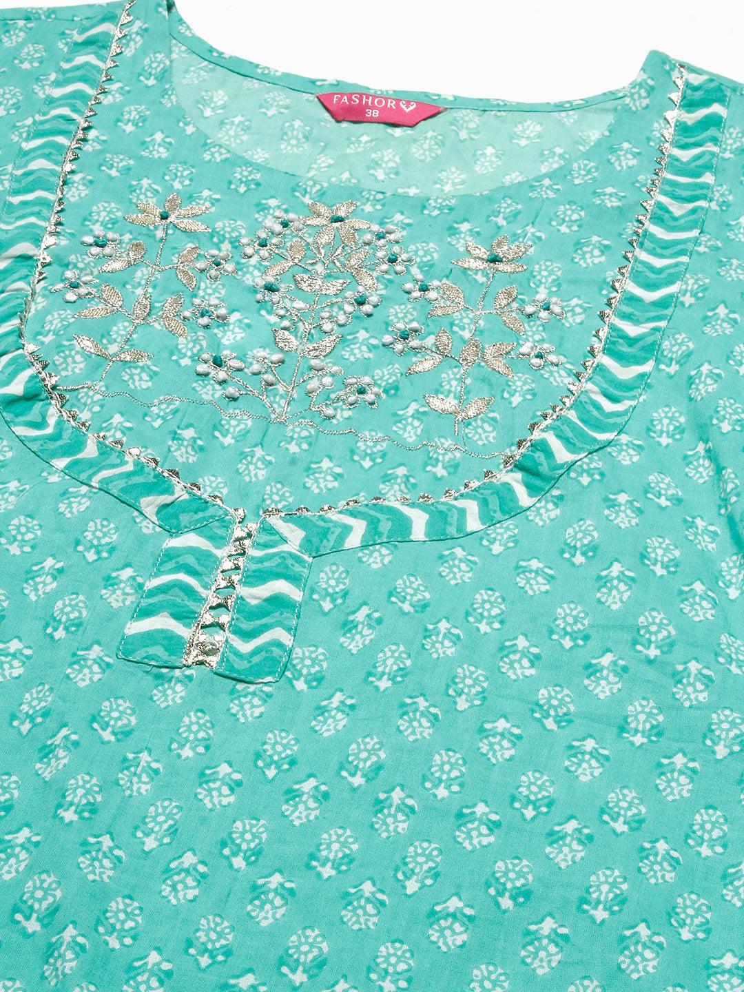 Floral Block Printed Resham & Zari Embroidered Kurta With Pants & Shibori Dupatta - Sea Green - Indiakreations