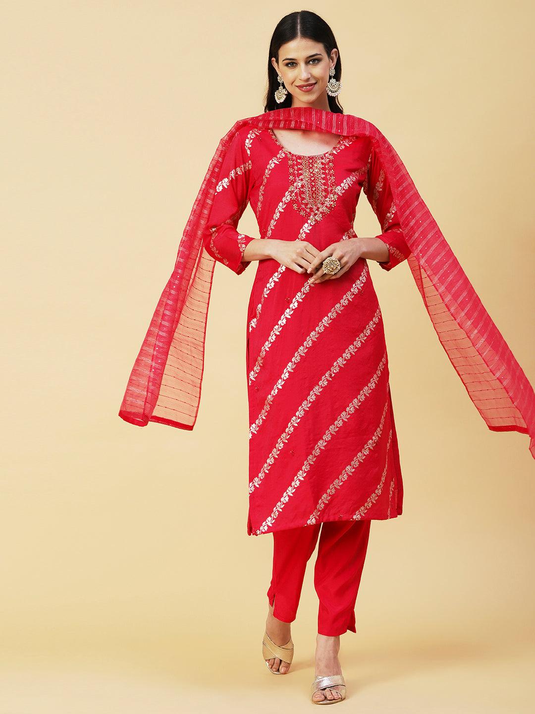 Woven Zari Floral Jacquard Zardozi Embroidered Kurta With Pants & Sequined Dupatta - Magenta - Indiakreations