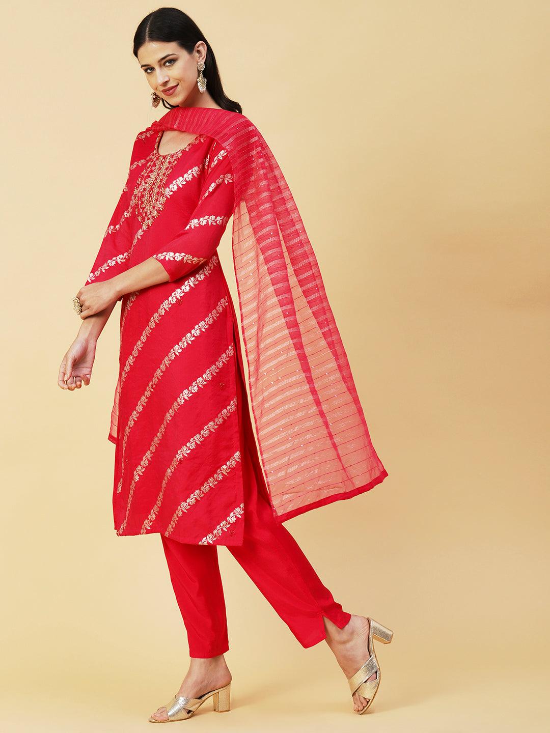 Woven Zari Floral Jacquard Zardozi Embroidered Kurta With Pants & Sequined Dupatta - Magenta - Indiakreations