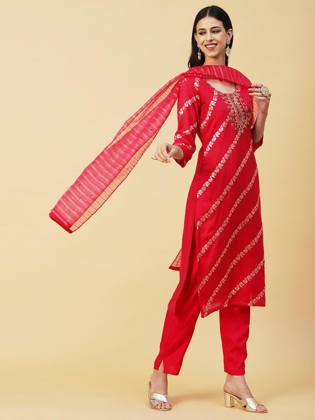 Woven Zari Floral Jacquard Zardozi Embroidered Kurta With Pants & Sequined Dupatta - Magenta - Indiakreations