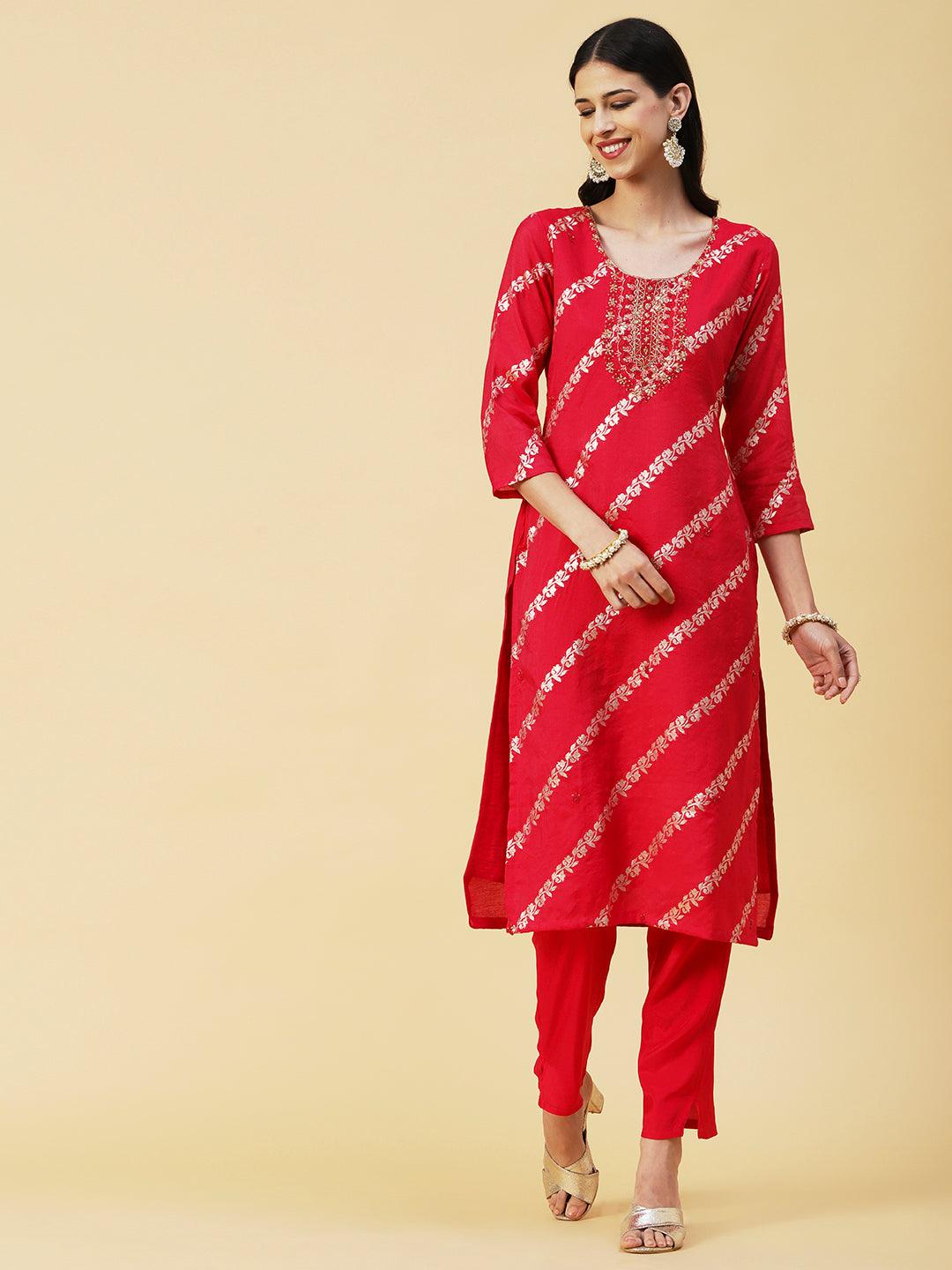 Woven Zari Floral Jacquard Zardozi Embroidered Kurta With Pants & Sequined Dupatta - Magenta - Indiakreations