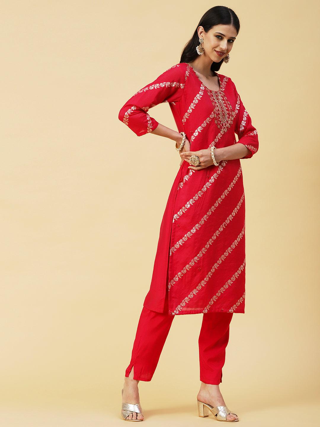 Woven Zari Floral Jacquard Zardozi Embroidered Kurta With Pants & Sequined Dupatta - Magenta - Indiakreations