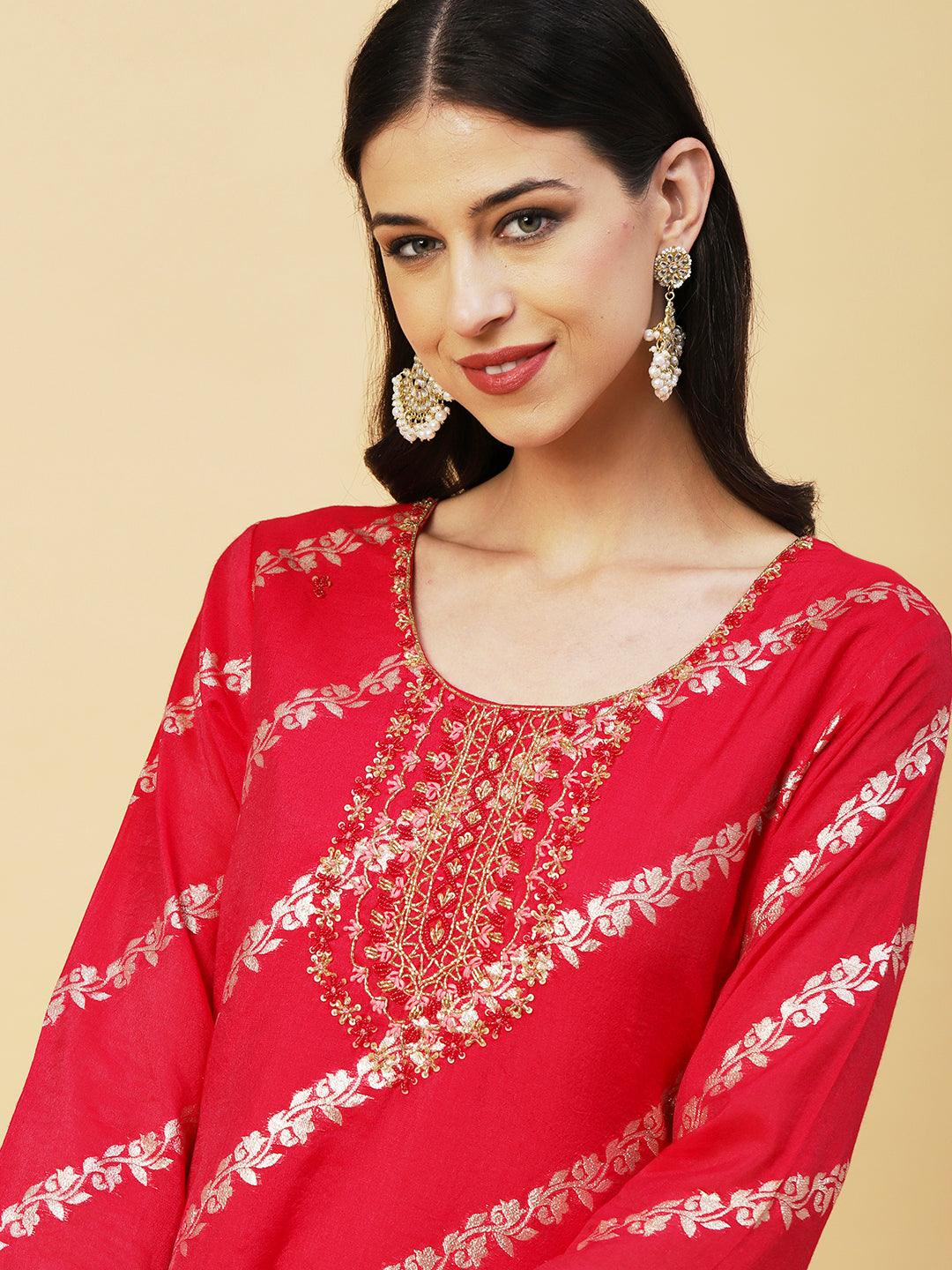 Woven Zari Floral Jacquard Zardozi Embroidered Kurta With Pants & Sequined Dupatta - Magenta - Indiakreations