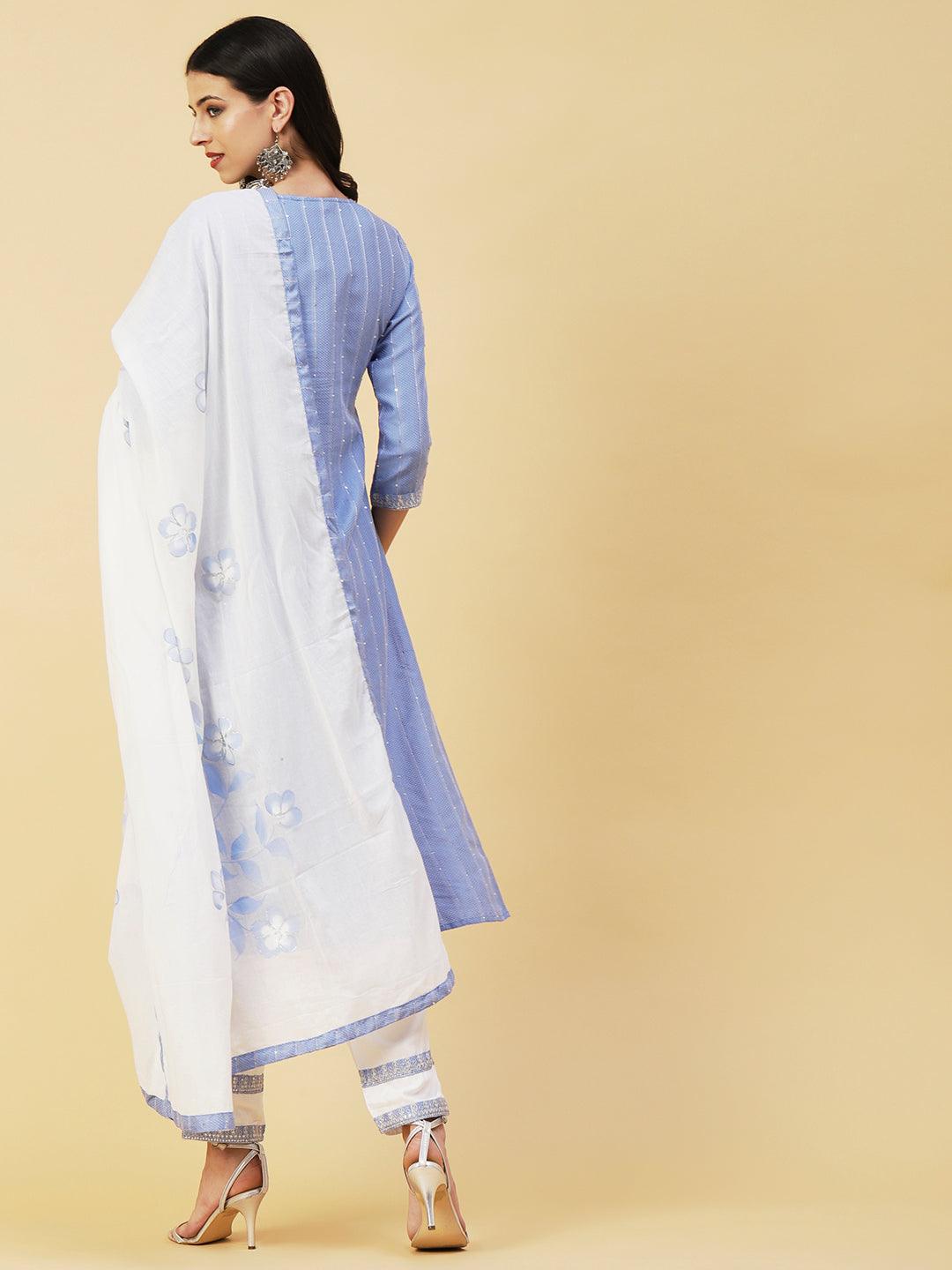 Woven Sequins Striped Zari Dori Embroidered Kurta With Pants & Hand Painted Dupatta - Blue - Indiakreations