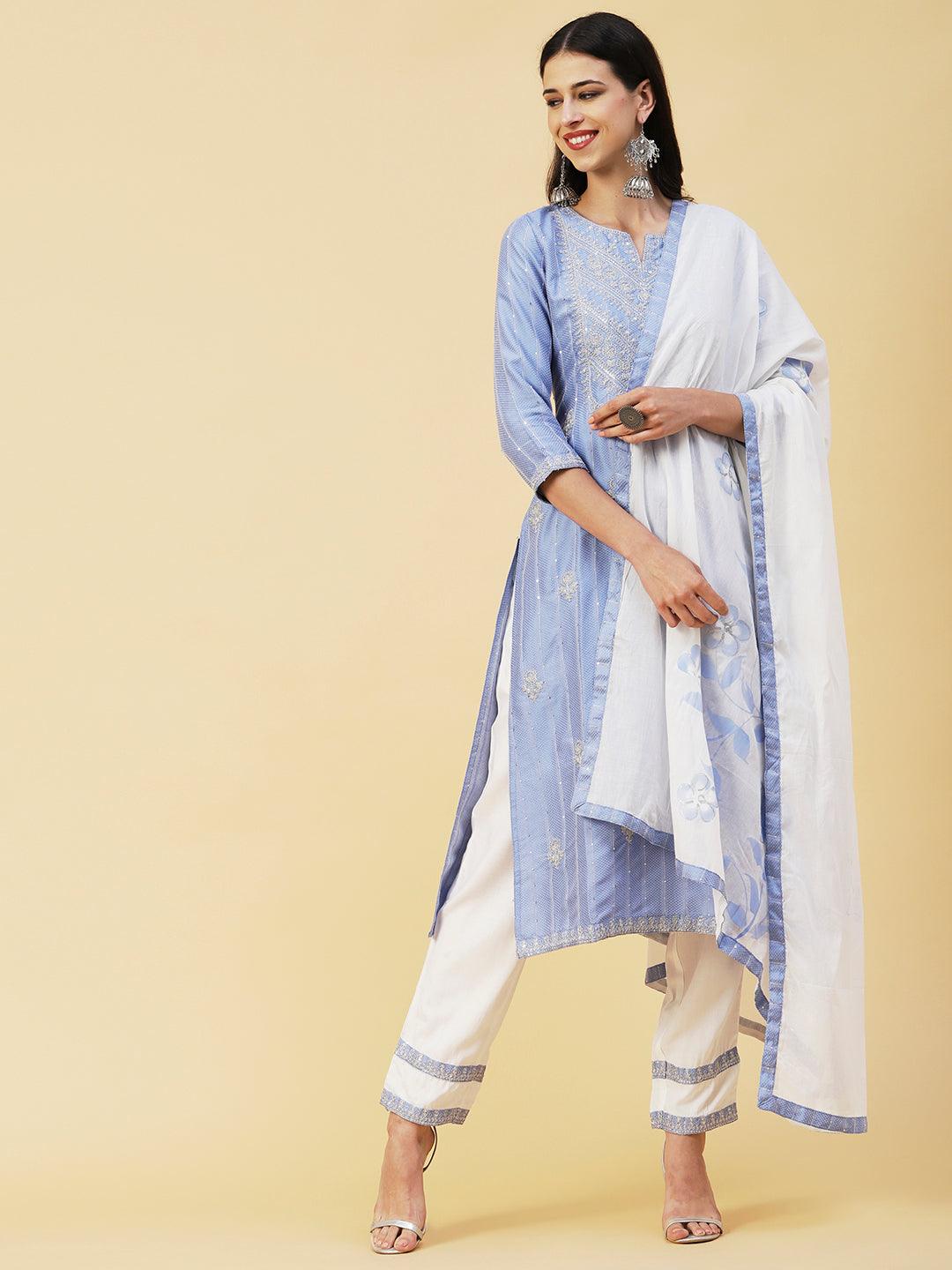 Woven Sequins Striped Zari Dori Embroidered Kurta With Pants & Hand Painted Dupatta - Blue - Indiakreations