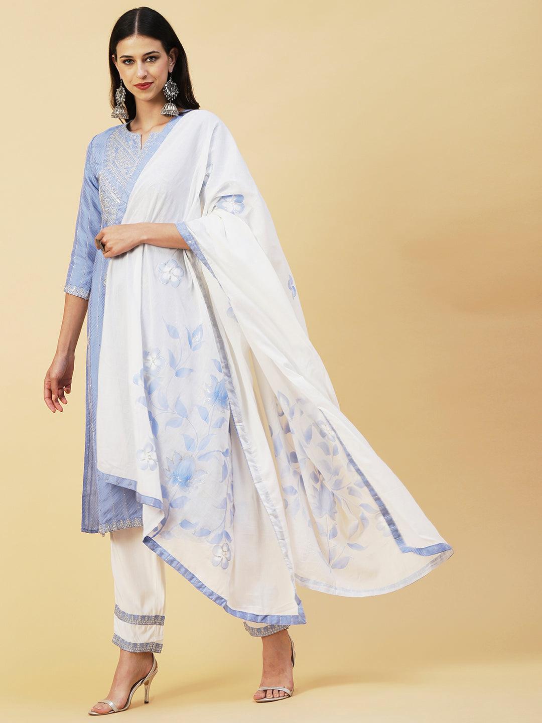 Woven Sequins Striped Zari Dori Embroidered Kurta With Pants & Hand Painted Dupatta - Blue - Indiakreations