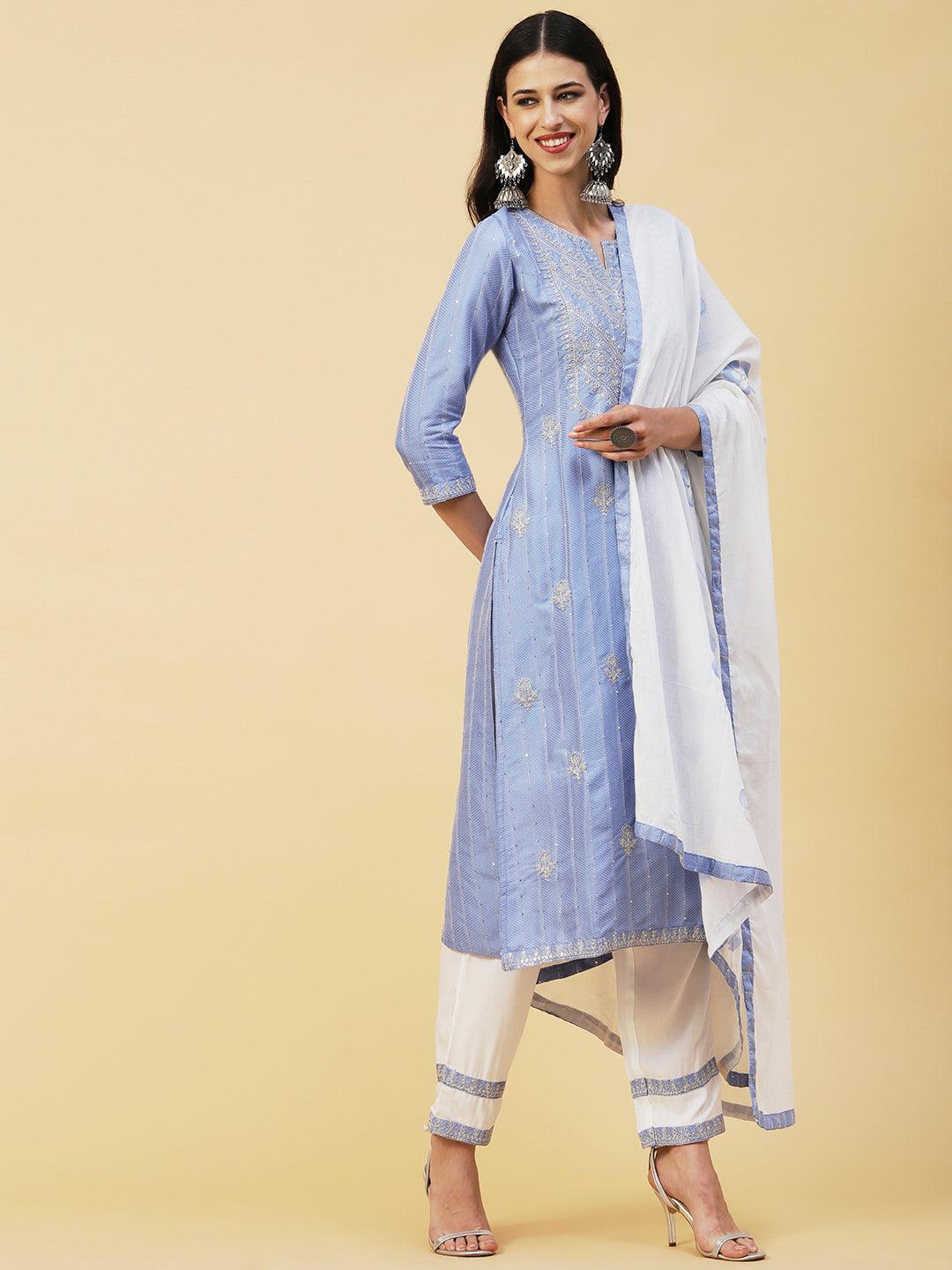 Woven Sequins Striped Zari Dori Embroidered Kurta With Pants & Hand Painted Dupatta - Blue - Indiakreations