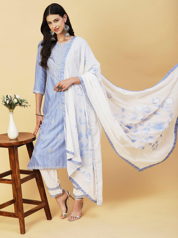 Woven Sequins Striped Zari Dori Embroidered Kurta With Pants & Hand Painted Dupatta - Blue - Indiakreations