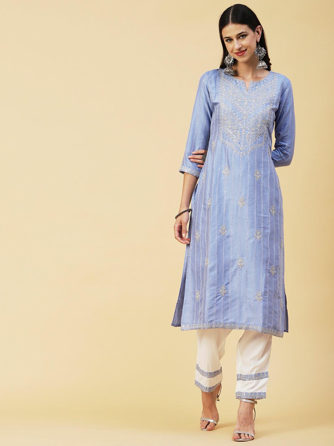 Woven Sequins Striped Zari Dori Embroidered Kurta With Pants & Hand Painted Dupatta - Blue - Indiakreations