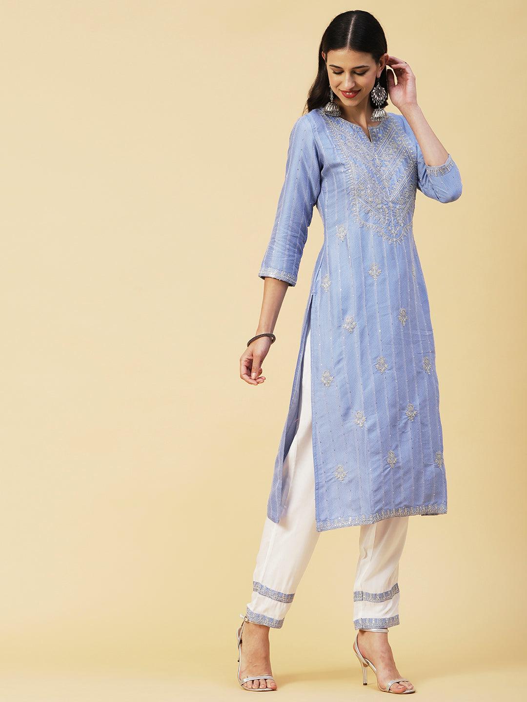 Woven Sequins Striped Zari Dori Embroidered Kurta With Pants & Hand Painted Dupatta - Blue - Indiakreations