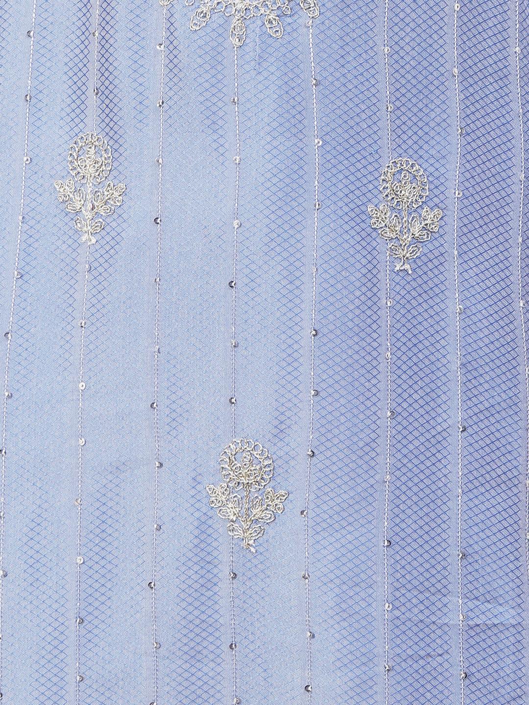 Woven Sequins Striped Zari Dori Embroidered Kurta With Pants & Hand Painted Dupatta - Blue - Indiakreations