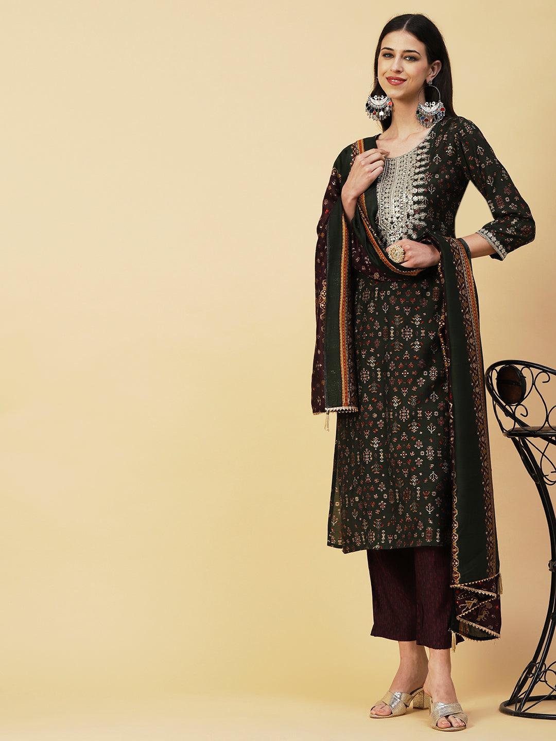 Ethnic & Abstract Printed Zari Dori & Sequins Embroidered Kurta With Pants & Dupatta - Green - Indiakreations