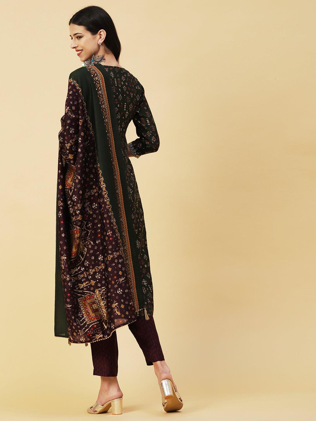 Ethnic & Abstract Printed Zari Dori & Sequins Embroidered Kurta With Pants & Dupatta - Green - Indiakreations