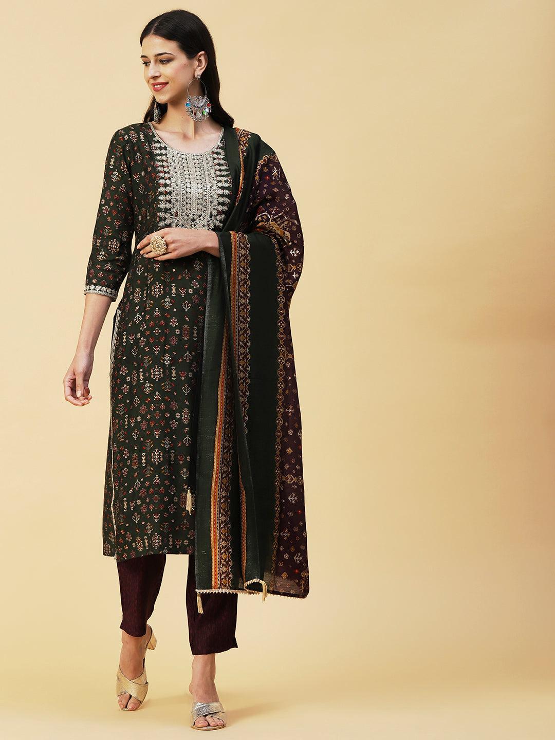 Ethnic & Abstract Printed Zari Dori & Sequins Embroidered Kurta With Pants & Dupatta - Green - Indiakreations