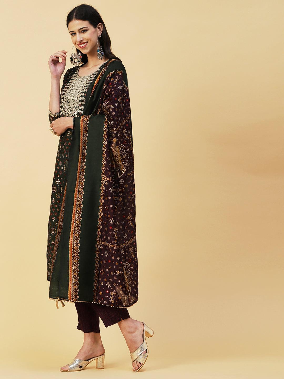 Ethnic & Abstract Printed Zari Dori & Sequins Embroidered Kurta With Pants & Dupatta - Green - Indiakreations