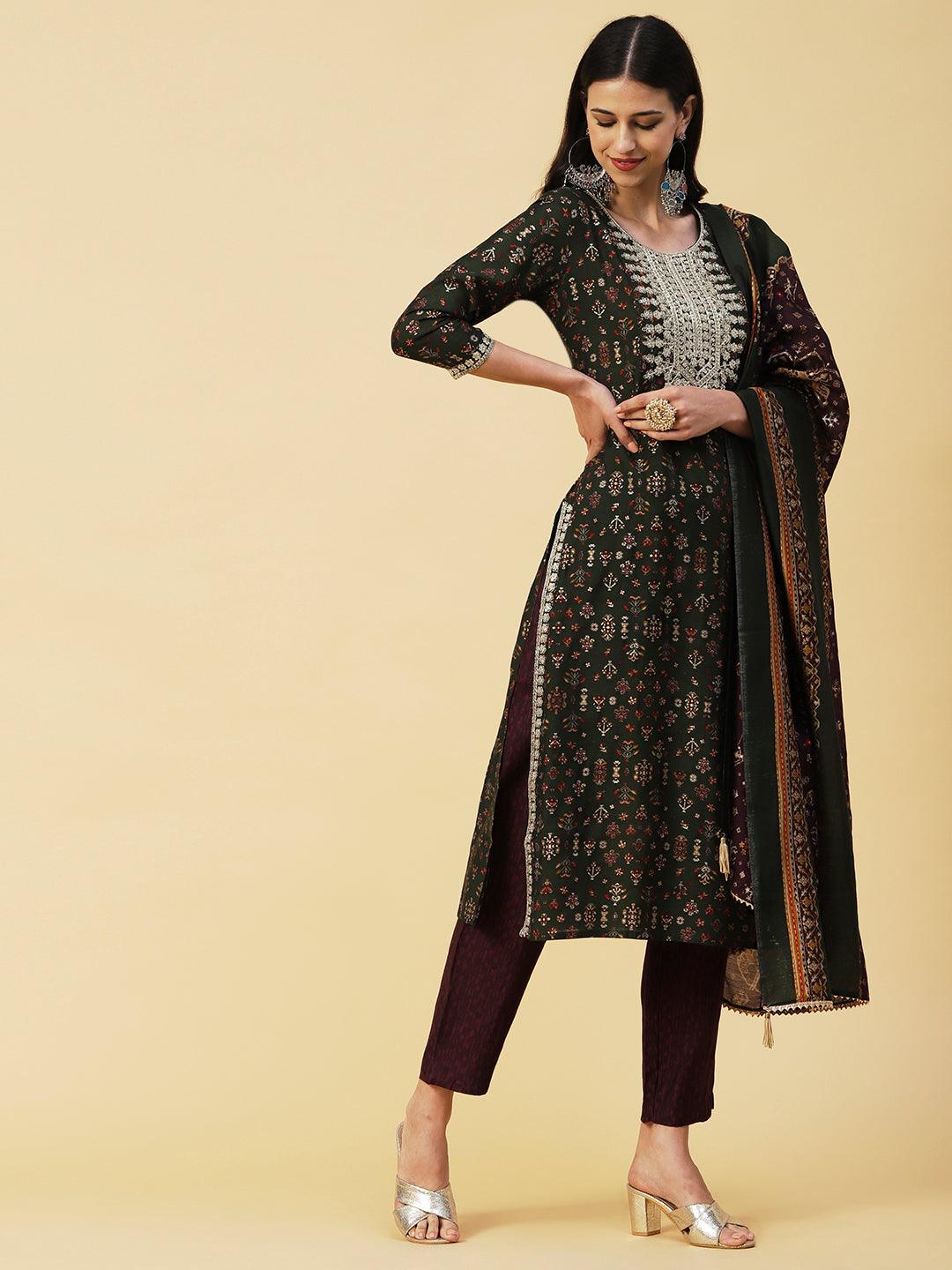 Ethnic & Abstract Printed Zari Dori & Sequins Embroidered Kurta With Pants & Dupatta - Green - Indiakreations