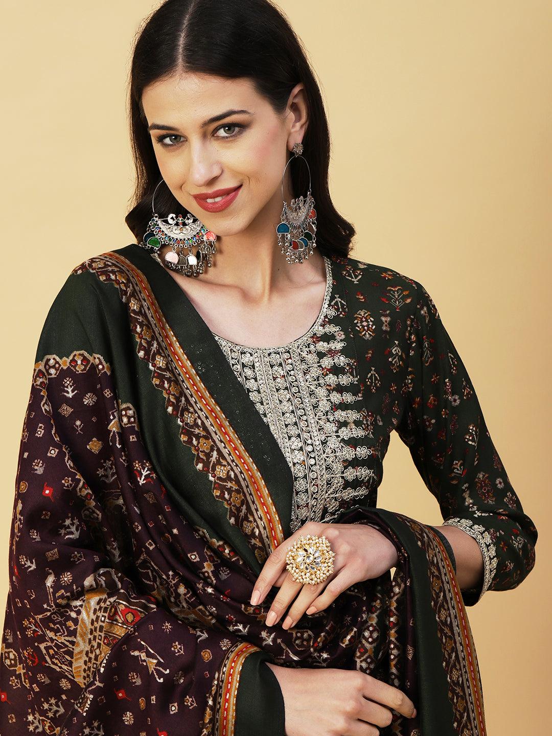 Ethnic & Abstract Printed Zari Dori & Sequins Embroidered Kurta With Pants & Dupatta - Green - Indiakreations