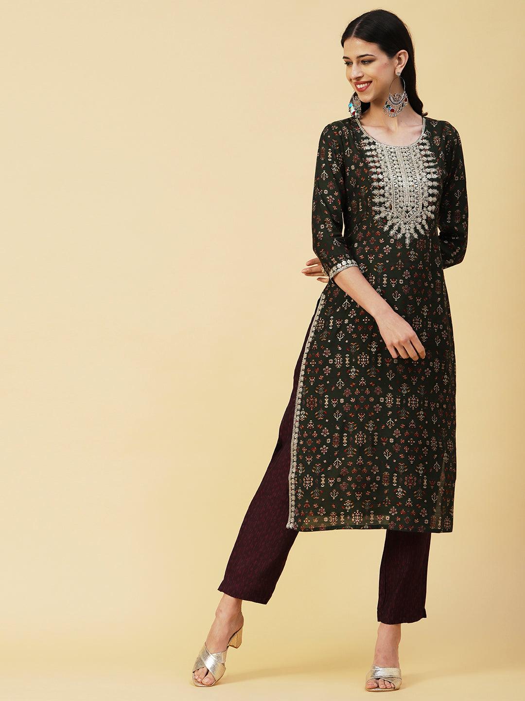 Ethnic & Abstract Printed Zari Dori & Sequins Embroidered Kurta With Pants & Dupatta - Green - Indiakreations