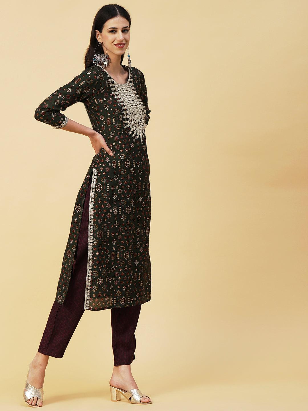 Ethnic & Abstract Printed Zari Dori & Sequins Embroidered Kurta With Pants & Dupatta - Green - Indiakreations