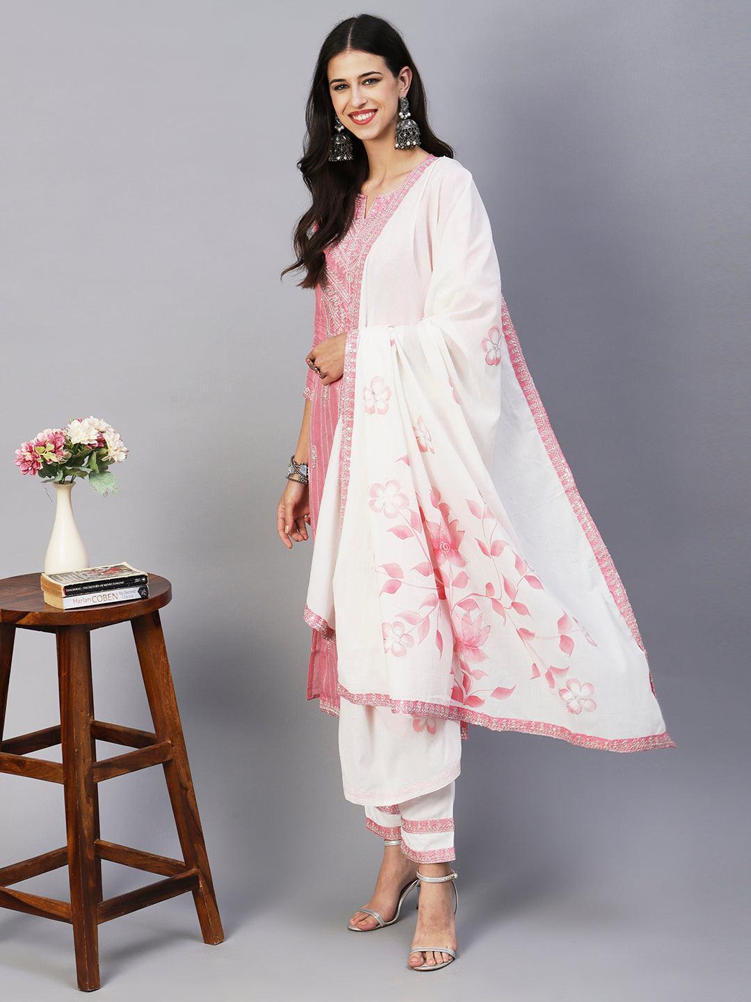 Woven Sequins Striped Zari Dori Embroidered Kurta With Pants & Hand Painted Dupatta - Pink - Indiakreations