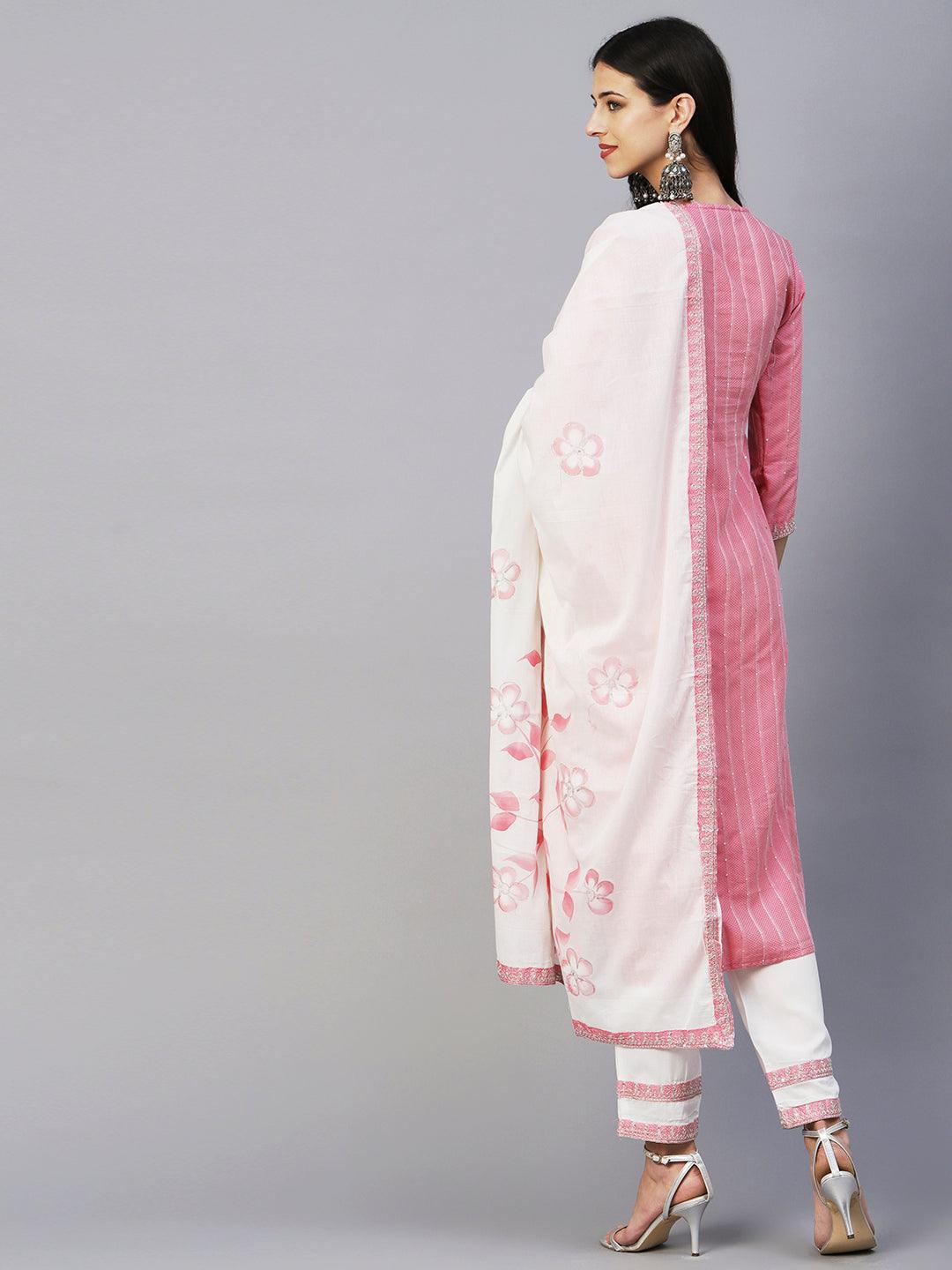 Woven Sequins Striped Zari Dori Embroidered Kurta With Pants & Hand Painted Dupatta - Pink - Indiakreations