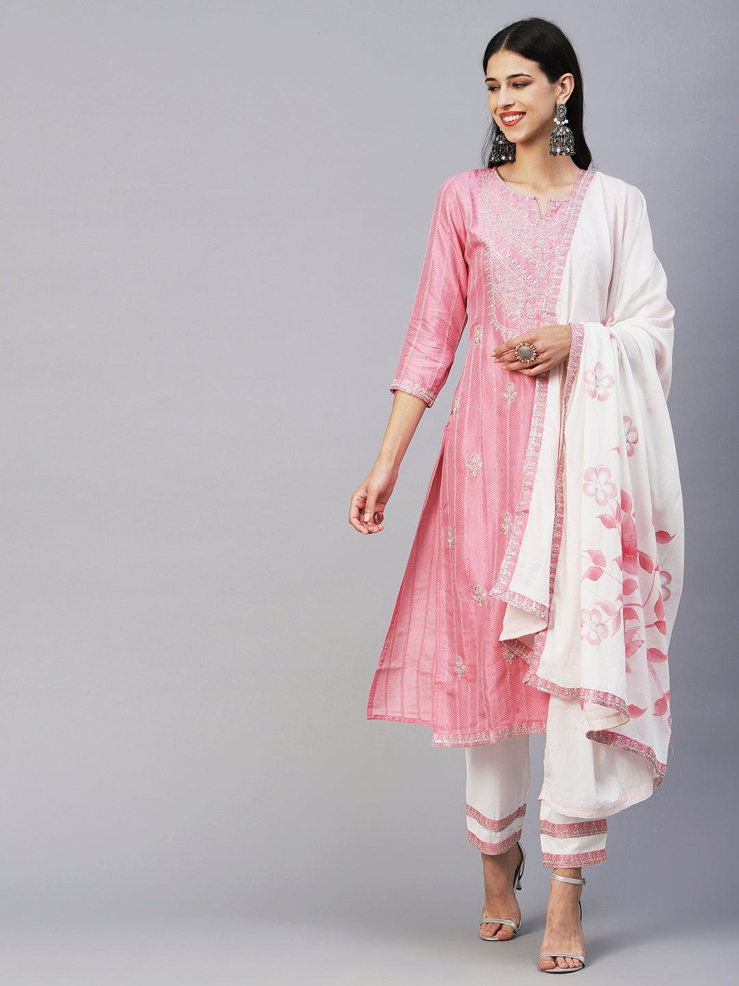 Woven Sequins Striped Zari Dori Embroidered Kurta With Pants & Hand Painted Dupatta - Pink - Indiakreations