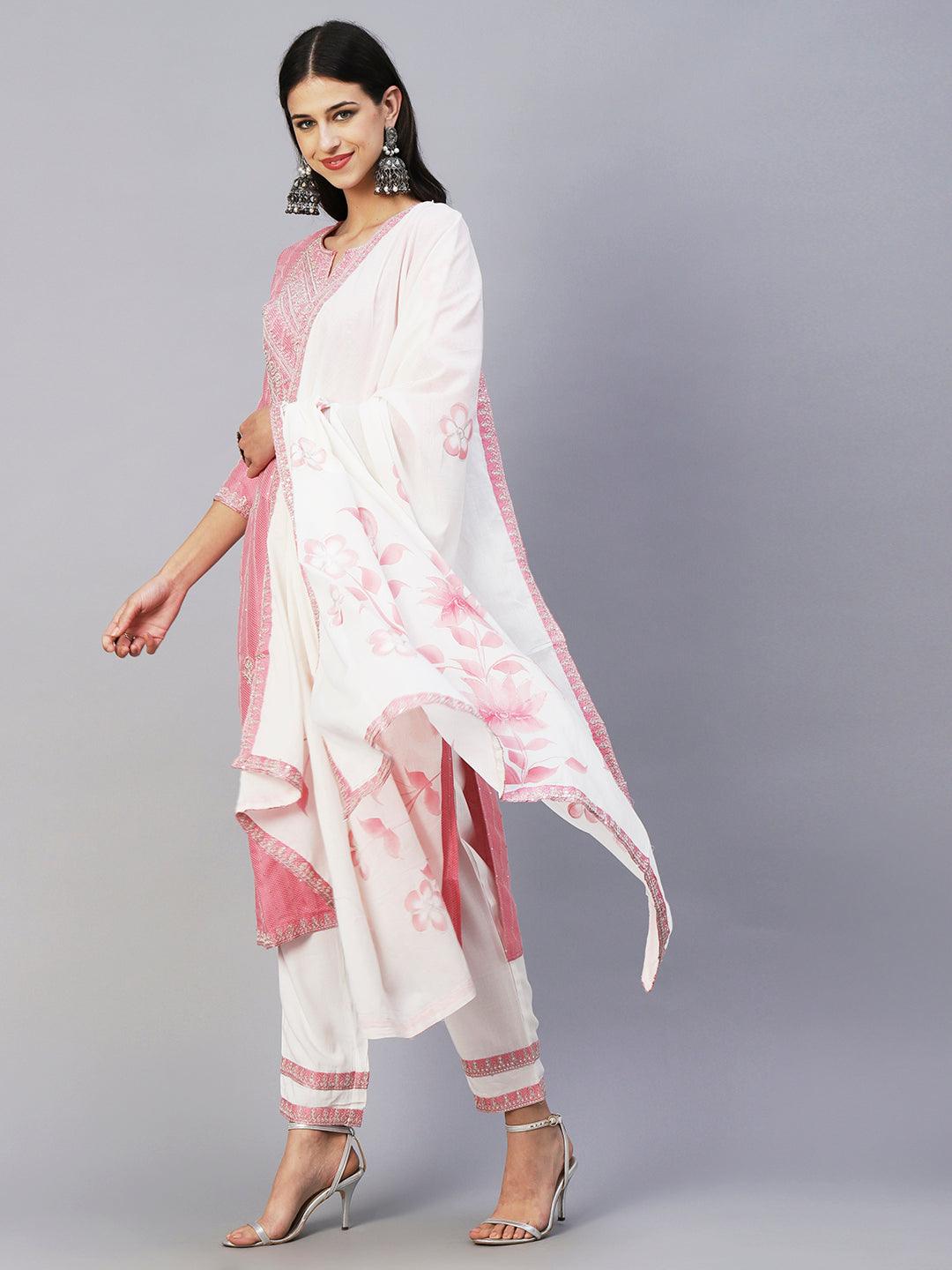 Woven Sequins Striped Zari Dori Embroidered Kurta With Pants & Hand Painted Dupatta - Pink - Indiakreations