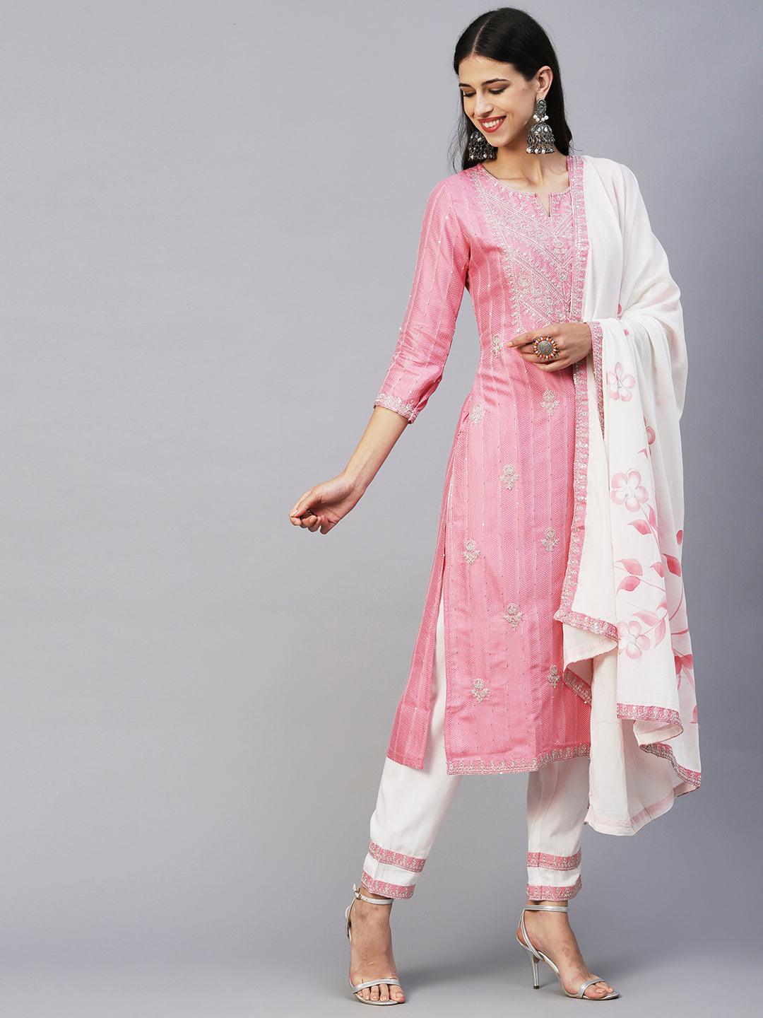 Woven Sequins Striped Zari Dori Embroidered Kurta With Pants & Hand Painted Dupatta - Pink - Indiakreations