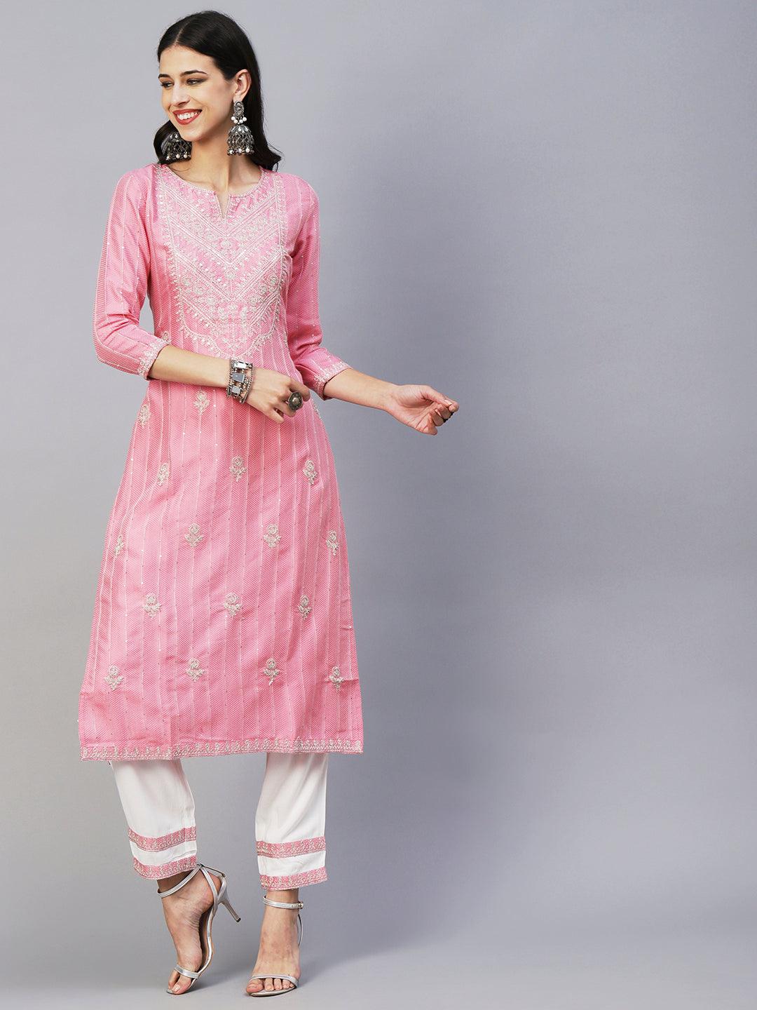 Woven Sequins Striped Zari Dori Embroidered Kurta With Pants & Hand Painted Dupatta - Pink - Indiakreations