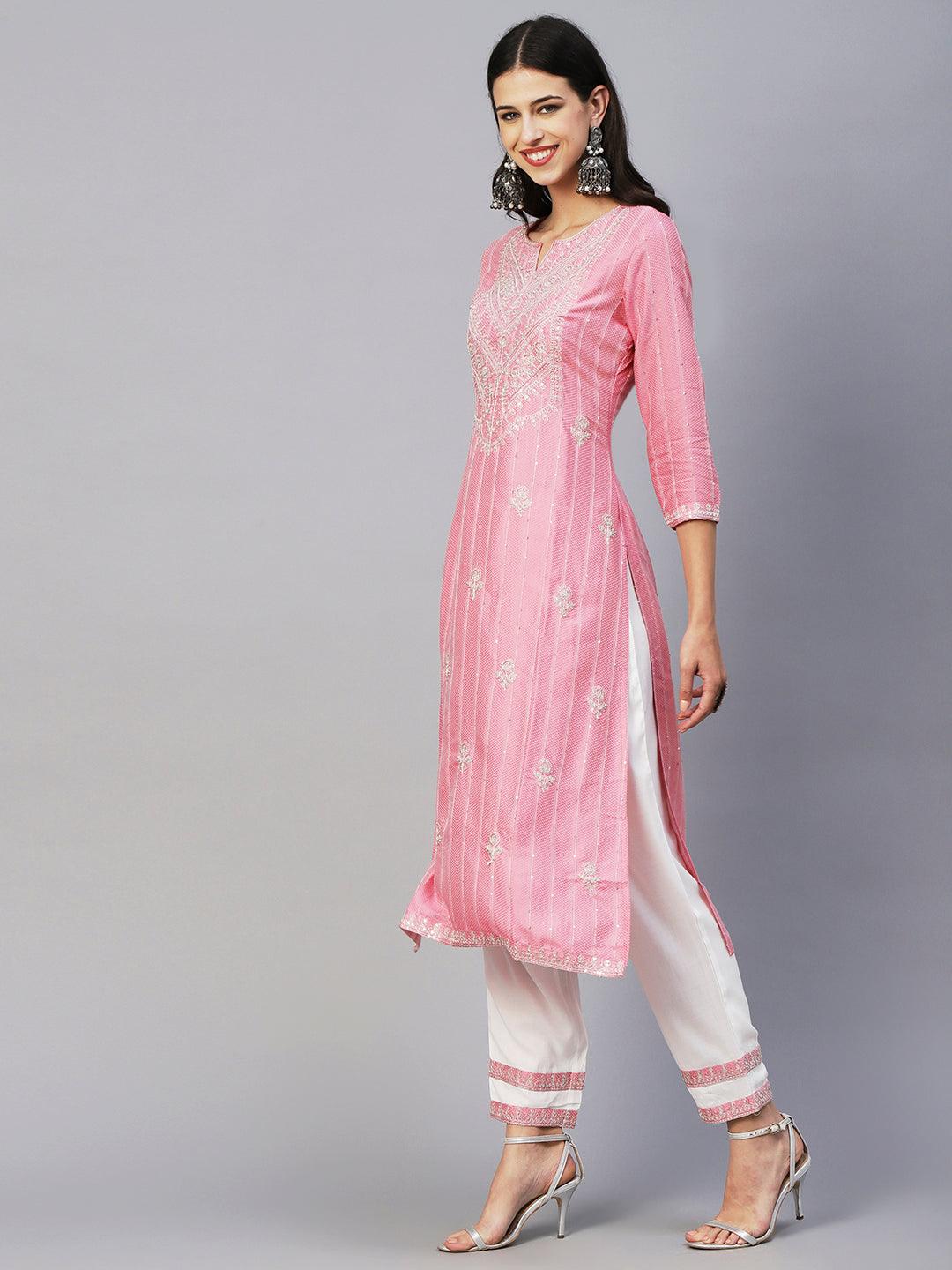 Woven Sequins Striped Zari Dori Embroidered Kurta With Pants & Hand Painted Dupatta - Pink - Indiakreations