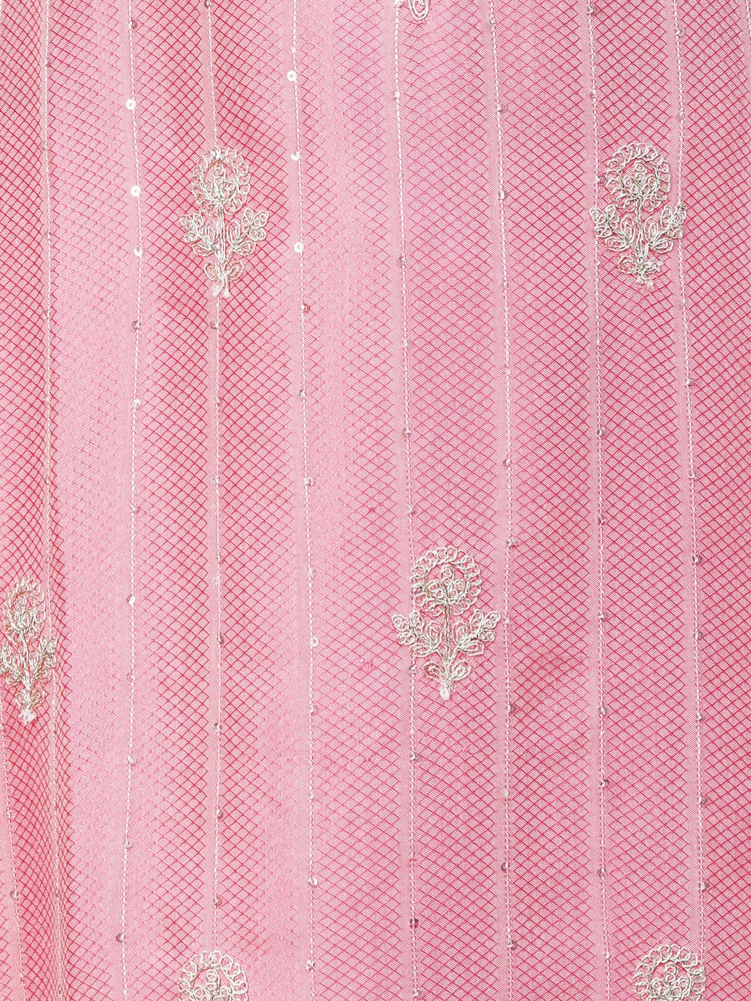 Woven Sequins Striped Zari Dori Embroidered Kurta With Pants & Hand Painted Dupatta - Pink - Indiakreations