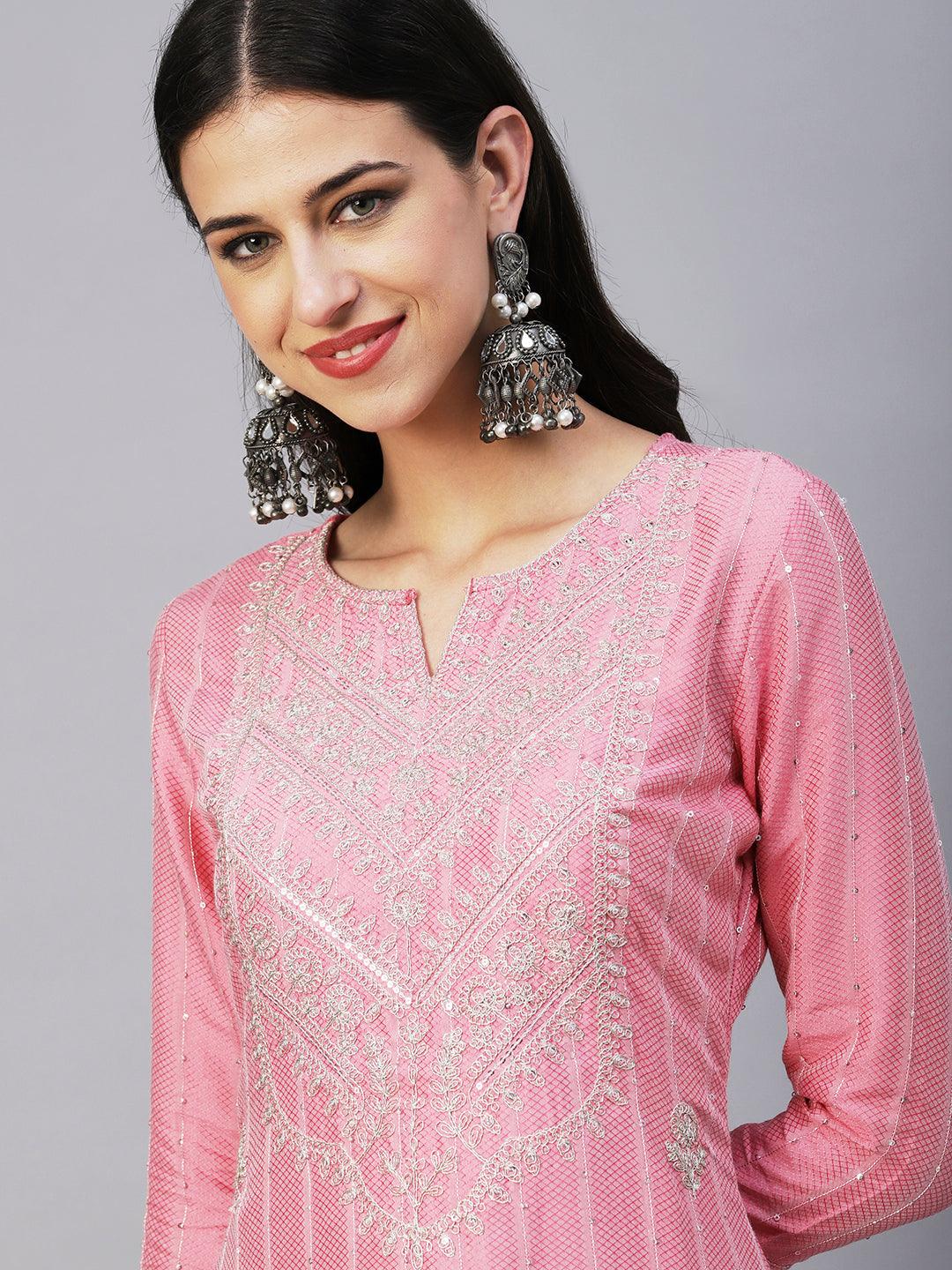 Woven Sequins Striped Zari Dori Embroidered Kurta With Pants & Hand Painted Dupatta - Pink - Indiakreations