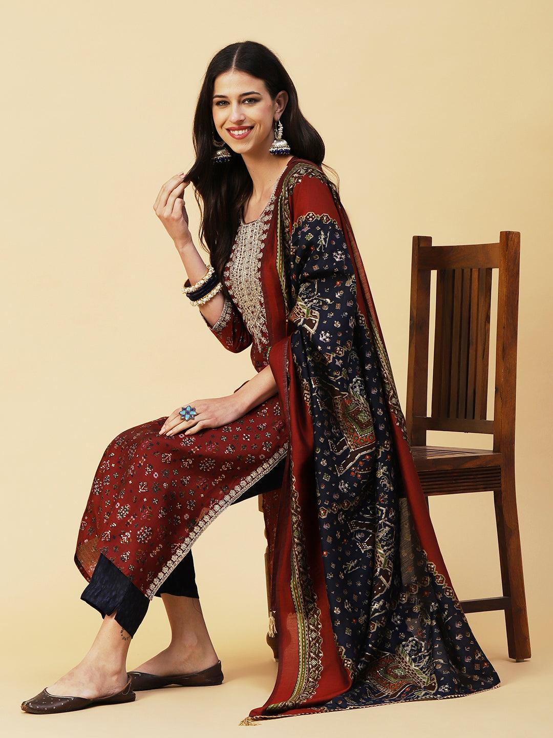 Ethnic & Abstract Printed Zari Dori & Sequins Embroidered Kurta With Pants & Dupatta - Maroon - Indiakreations