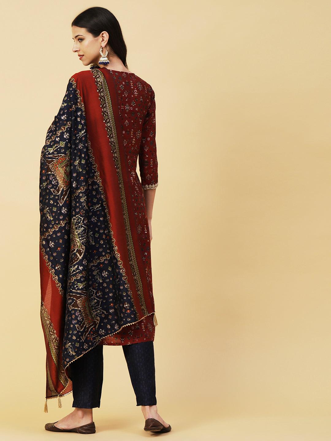 Ethnic & Abstract Printed Zari Dori & Sequins Embroidered Kurta With Pants & Dupatta - Maroon - Indiakreations