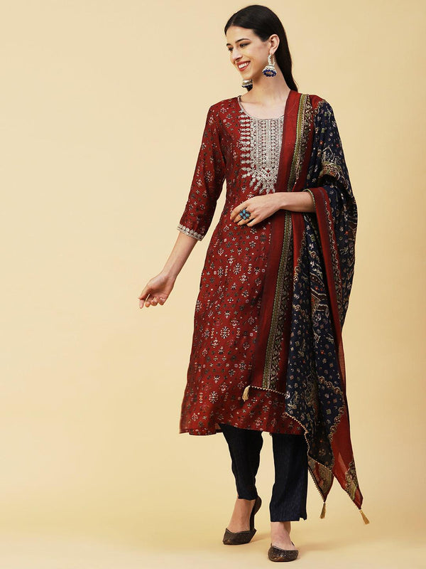 Ethnic & Abstract Printed Zari Dori & Sequins Embroidered Kurta With Pants & Dupatta - Maroon - Indiakreations