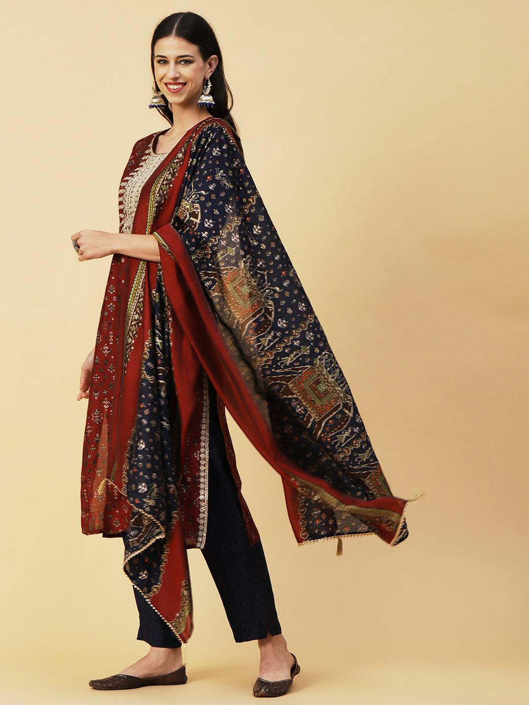 Ethnic & Abstract Printed Zari Dori & Sequins Embroidered Kurta With Pants & Dupatta - Maroon - Indiakreations