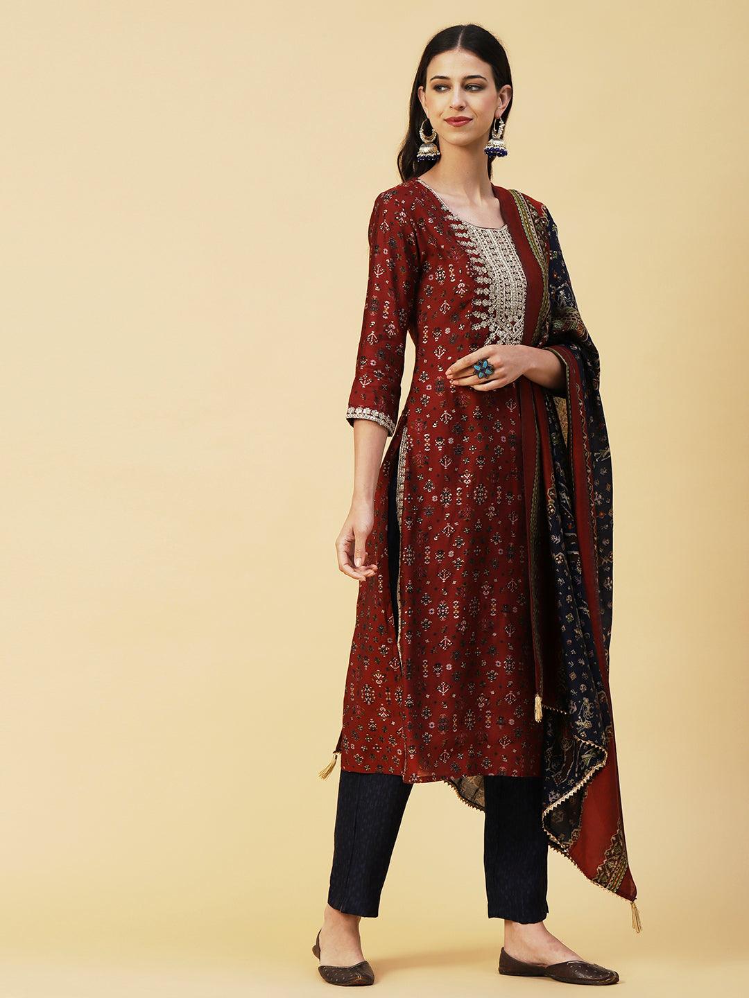 Ethnic & Abstract Printed Zari Dori & Sequins Embroidered Kurta With Pants & Dupatta - Maroon - Indiakreations