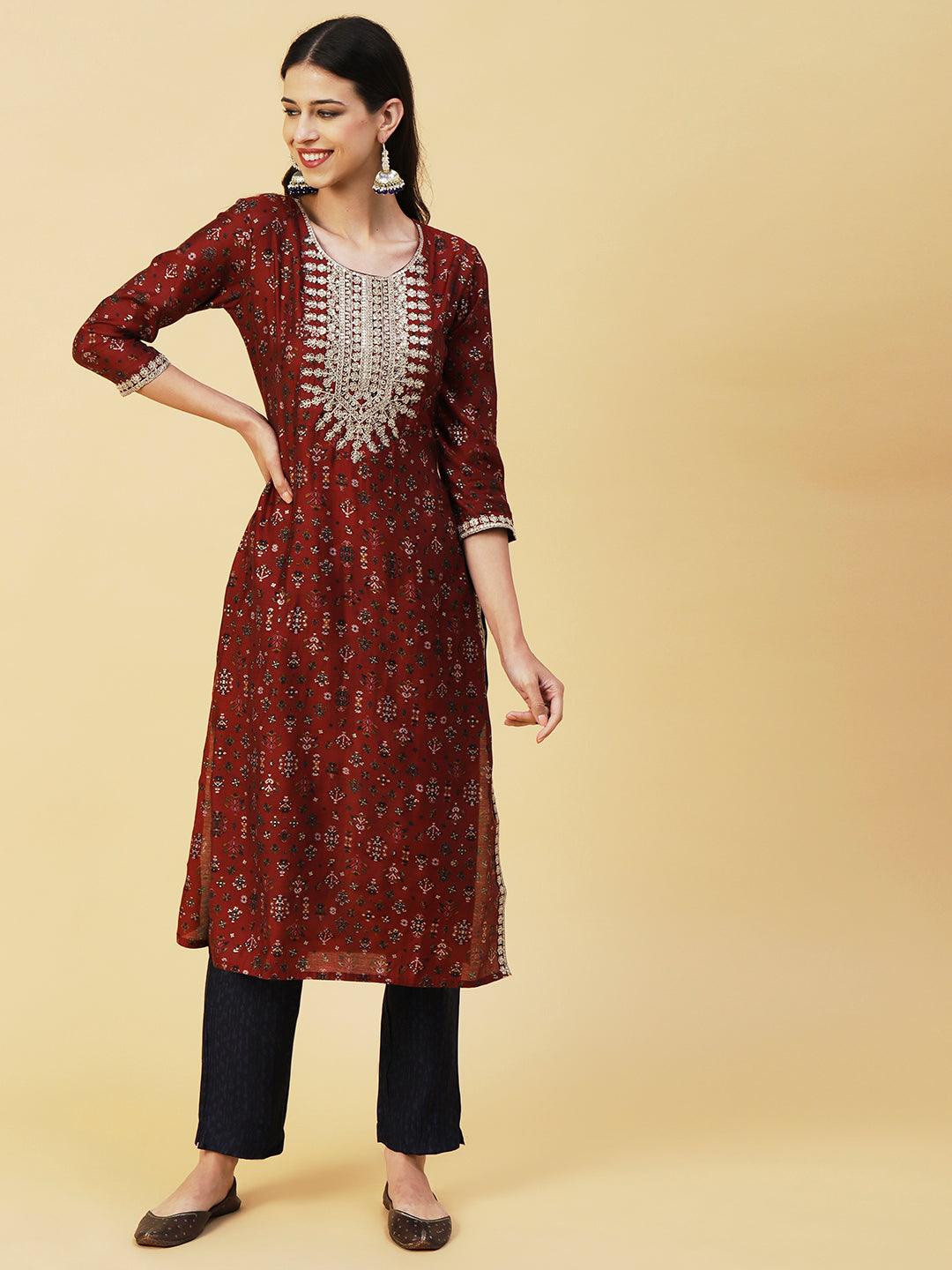 Ethnic & Abstract Printed Zari Dori & Sequins Embroidered Kurta With Pants & Dupatta - Maroon - Indiakreations