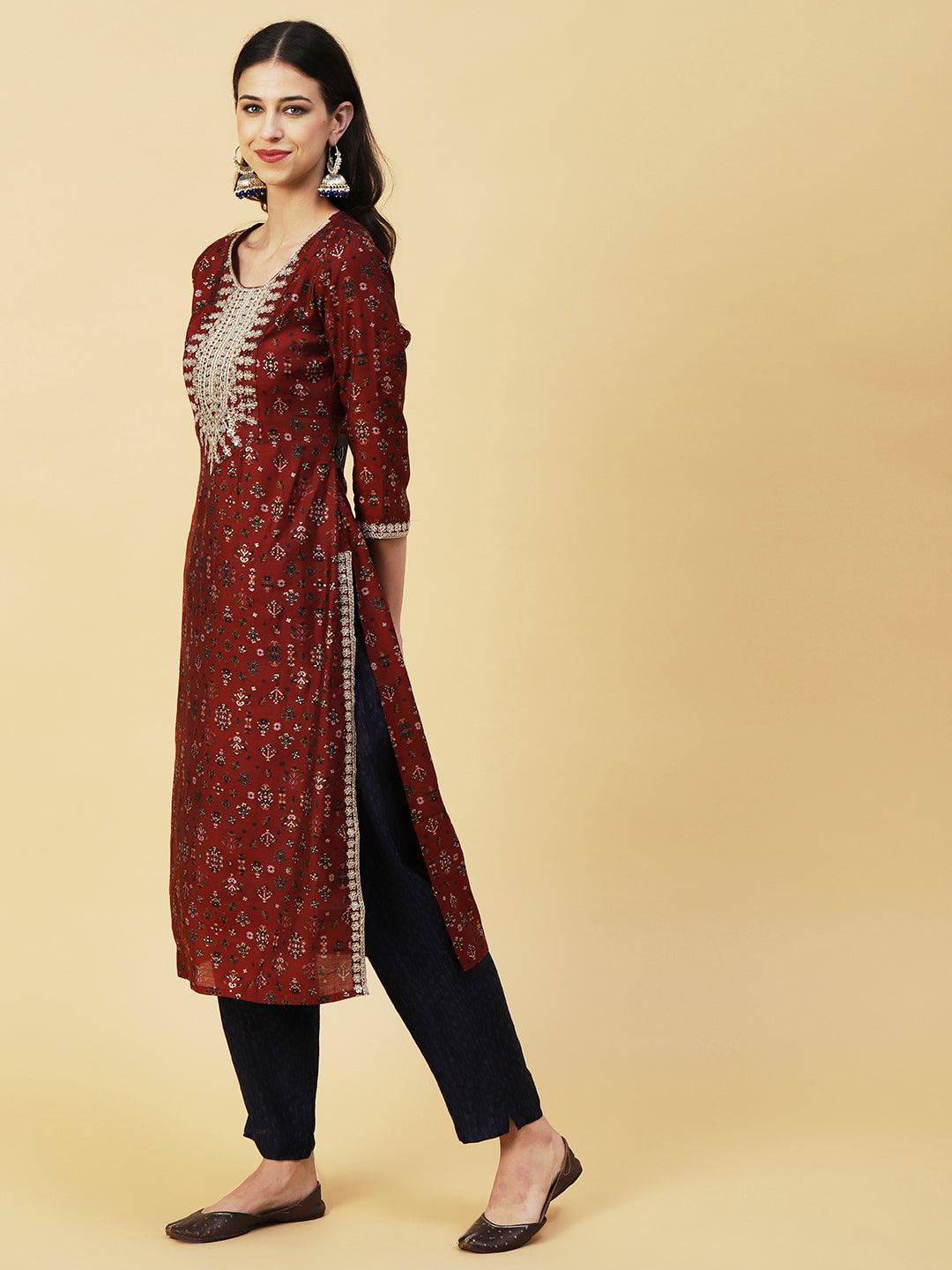 Ethnic & Abstract Printed Zari Dori & Sequins Embroidered Kurta With Pants & Dupatta - Maroon - Indiakreations