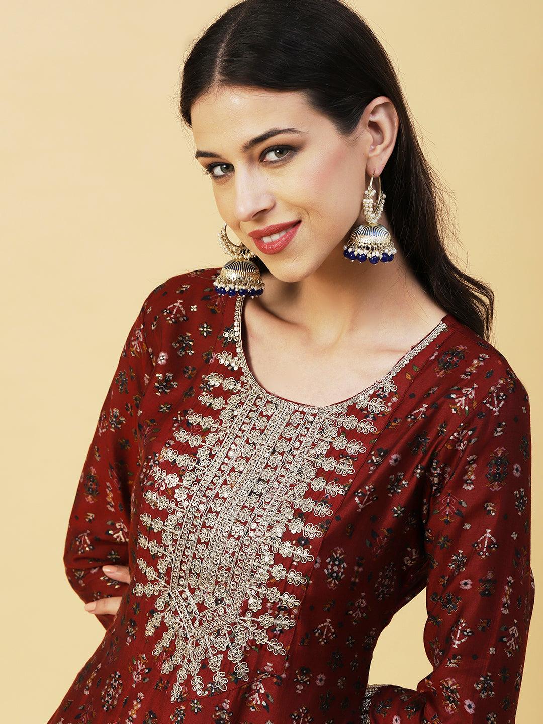 Ethnic & Abstract Printed Zari Dori & Sequins Embroidered Kurta With Pants & Dupatta - Maroon - Indiakreations