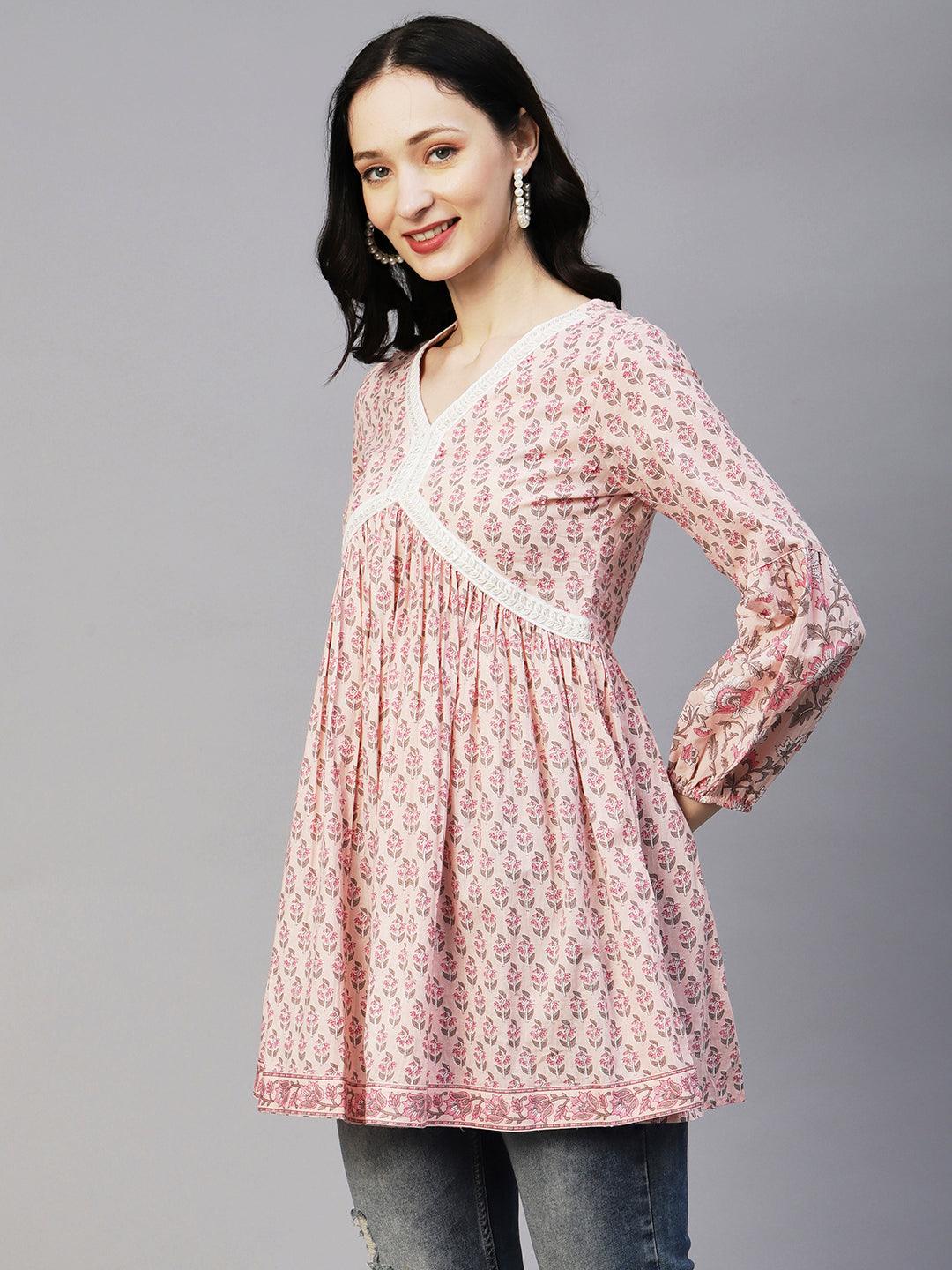 Floral Block Printed Beads Embroidered Lace Work Kurti - Light Pink - Indiakreations