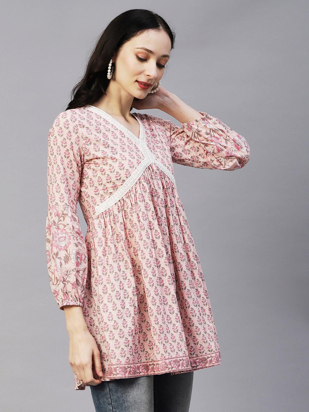 Floral Block Printed Beads Embroidered Lace Work Kurti - Light Pink - Indiakreations