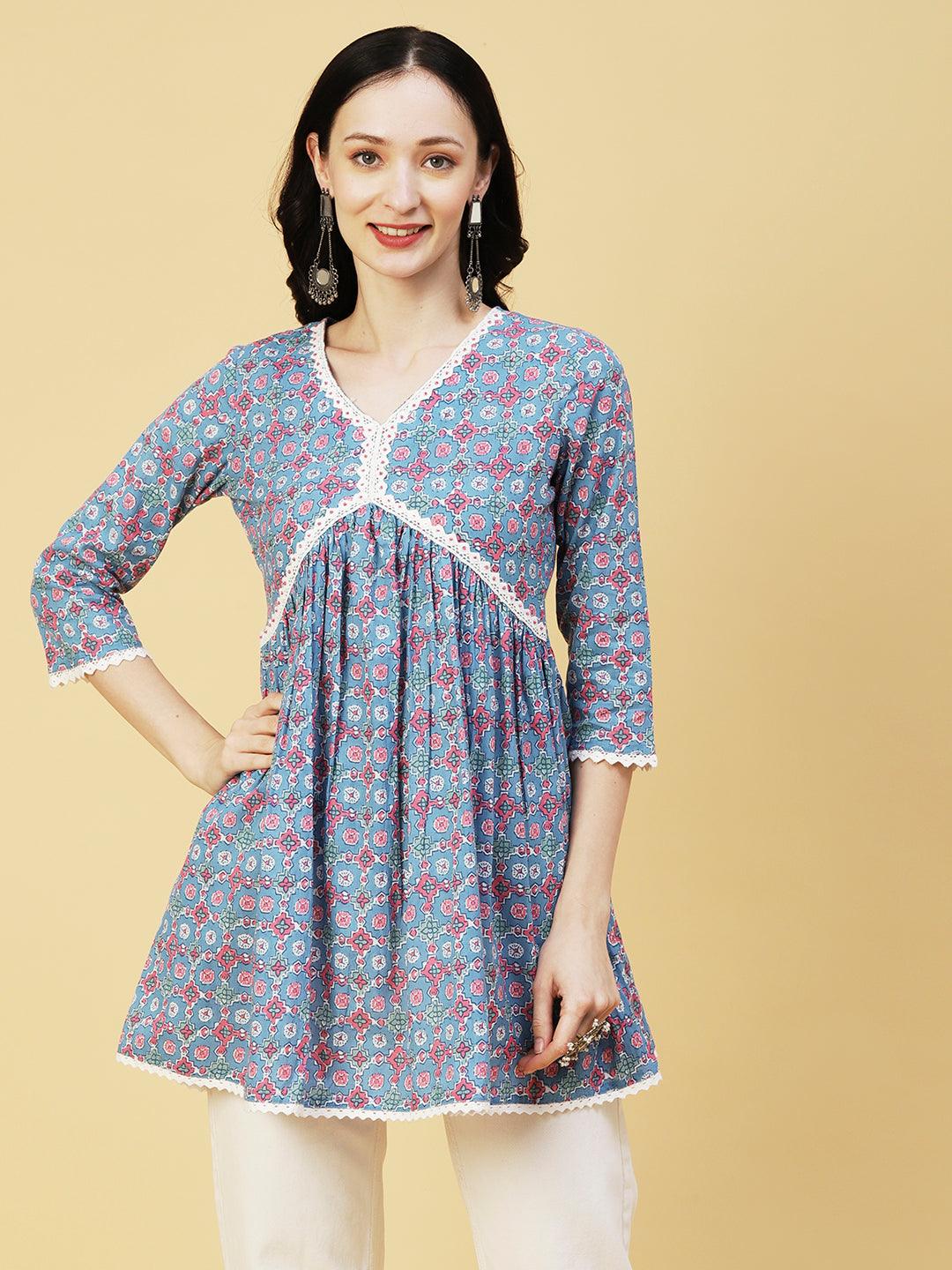 Abstract Printed Sequins & Beads Embroidered Crochet Lace Work Kurti - Light Blue - Indiakreations