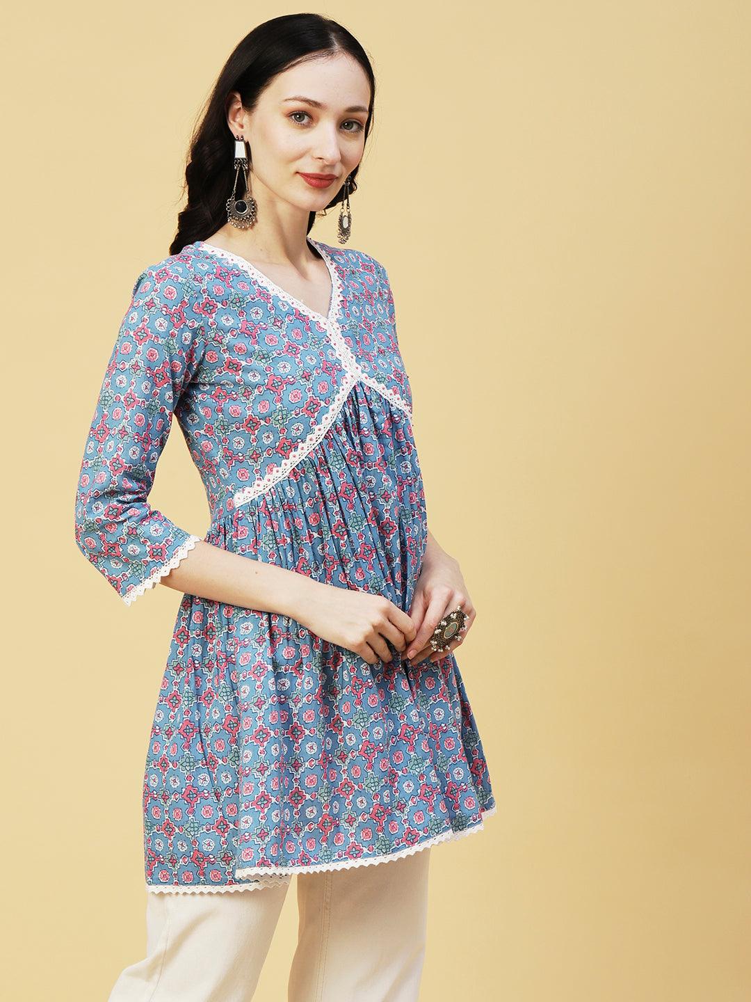 Abstract Printed Sequins & Beads Embroidered Crochet Lace Work Kurti - Light Blue - Indiakreations