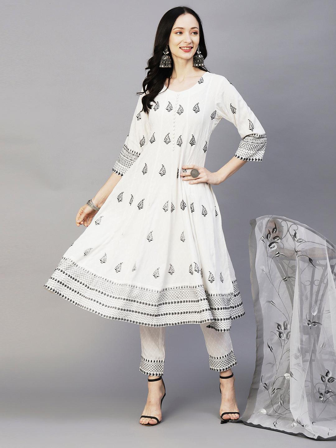 Geometric Printed Resham Embroidered Anarkali Kurta With Pants & Hand Painted Dupatta - White - Indiakreations