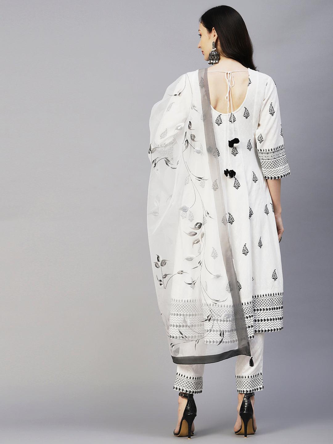 Geometric Printed Resham Embroidered Anarkali Kurta With Pants & Hand Painted Dupatta - White - Indiakreations