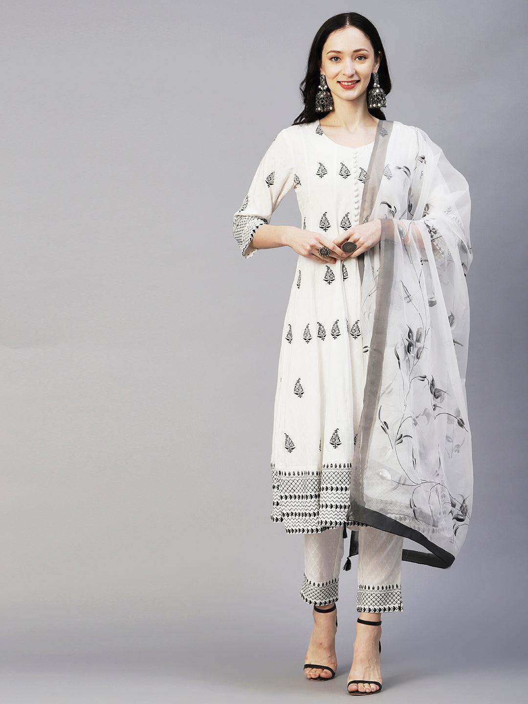 Geometric Printed Resham Embroidered Anarkali Kurta With Pants & Hand Painted Dupatta - White - Indiakreations