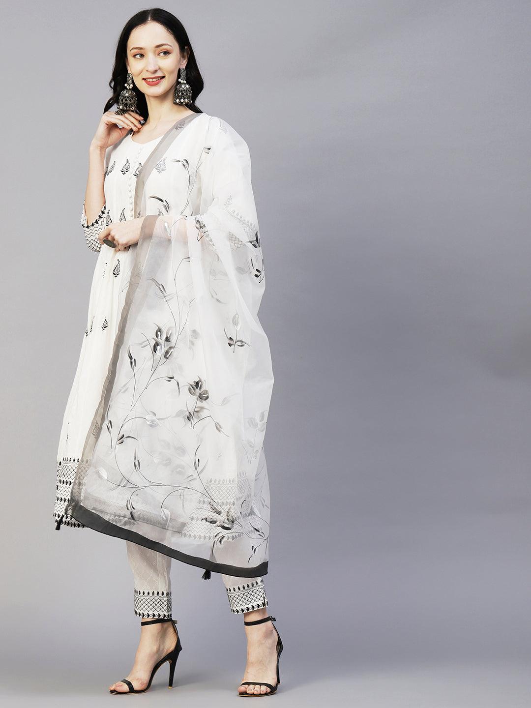 Geometric Printed Resham Embroidered Anarkali Kurta With Pants & Hand Painted Dupatta - White - Indiakreations