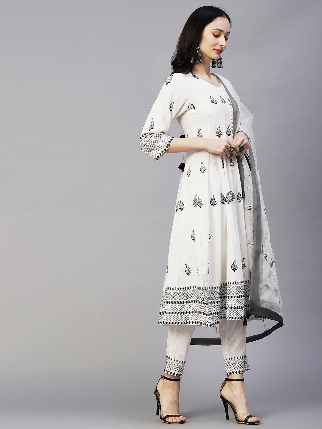 Geometric Printed Resham Embroidered Anarkali Kurta With Pants & Hand Painted Dupatta - White - Indiakreations